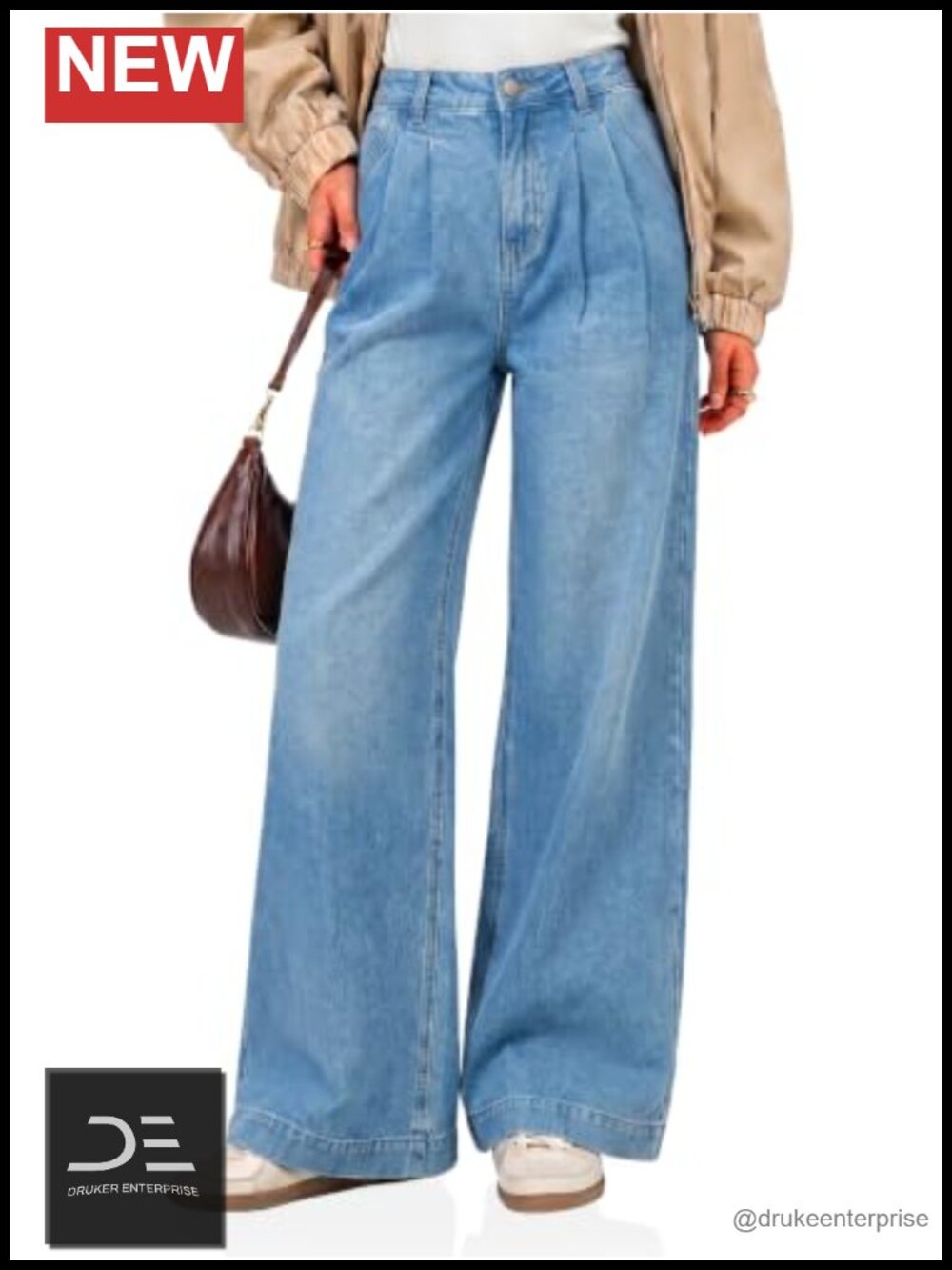 Wide Leg High Waisted Baggy Pleated Stretch Jeans